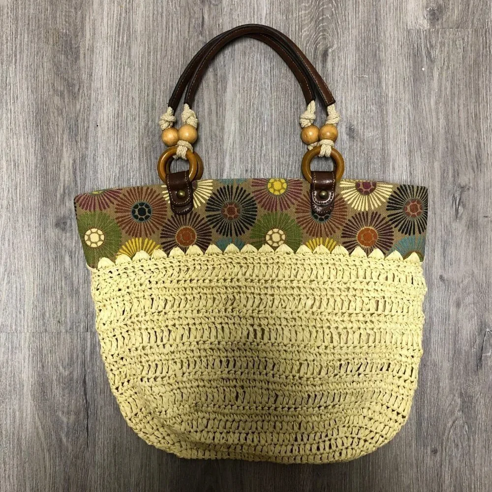 Fossil Straw Purse Shoulder Tote Bag Floral Woven Jute Handbag Boho Slouchy Hobo